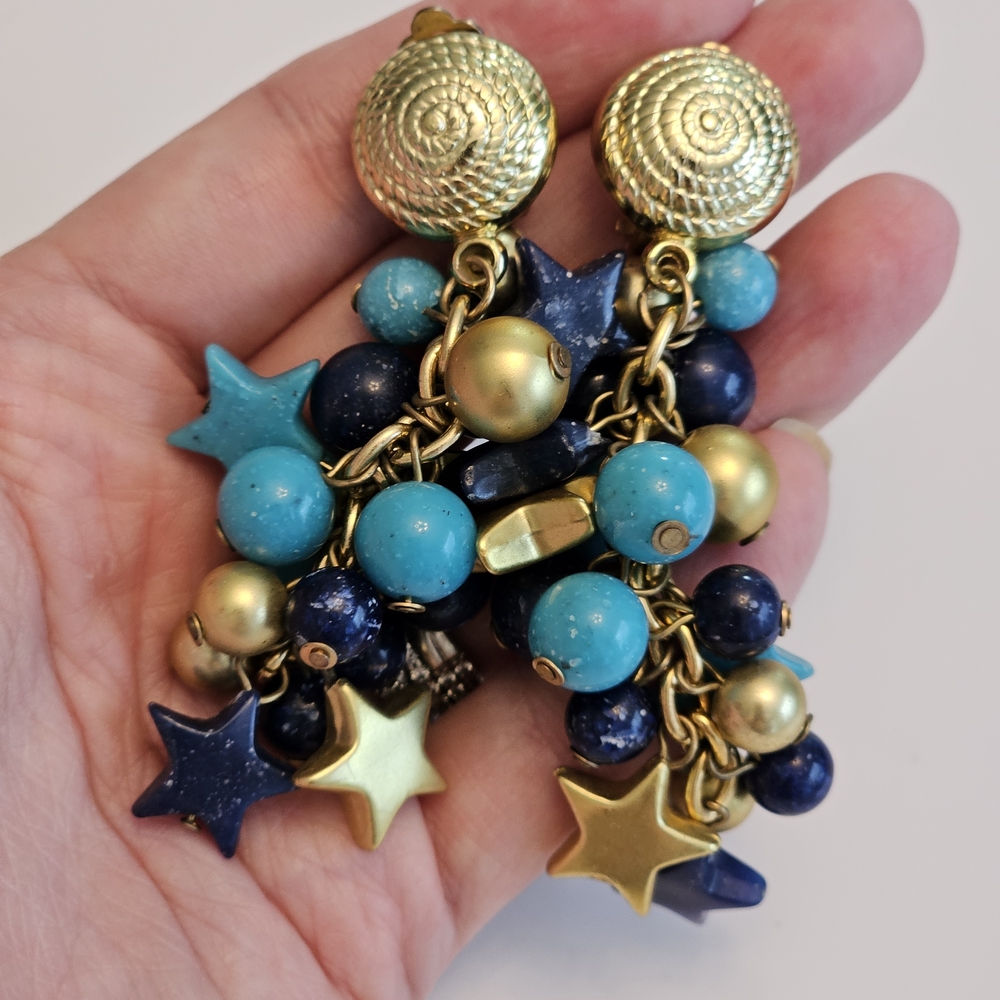 Vintage Gold and Blue Star Dangle Earrings